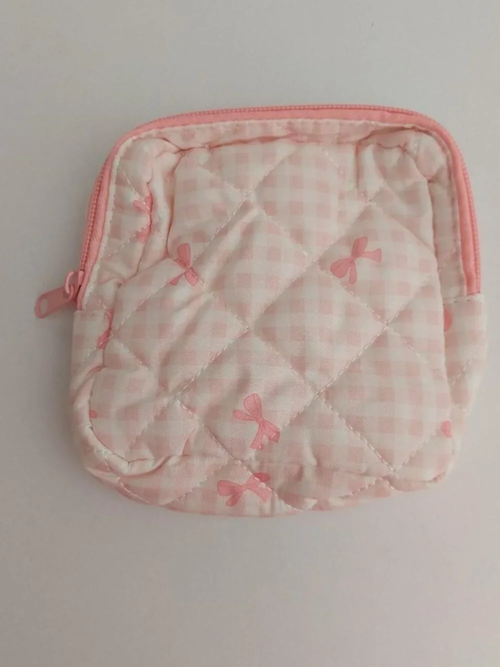pink bow plad gingham make up pouch small square bag